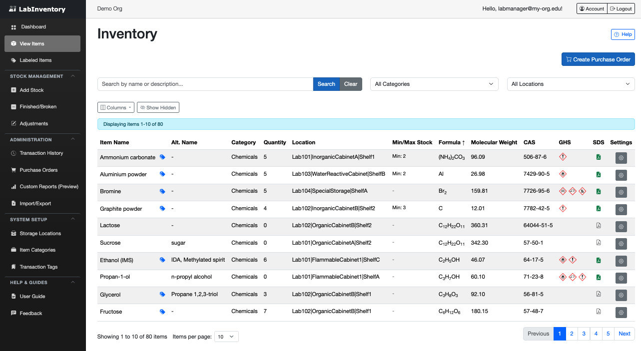 LabInventory interface showing inventory tracking with quantities, locations, chemical properties including CAS numbers, SDS, GHS labels, and powerful search and filtering capabilities